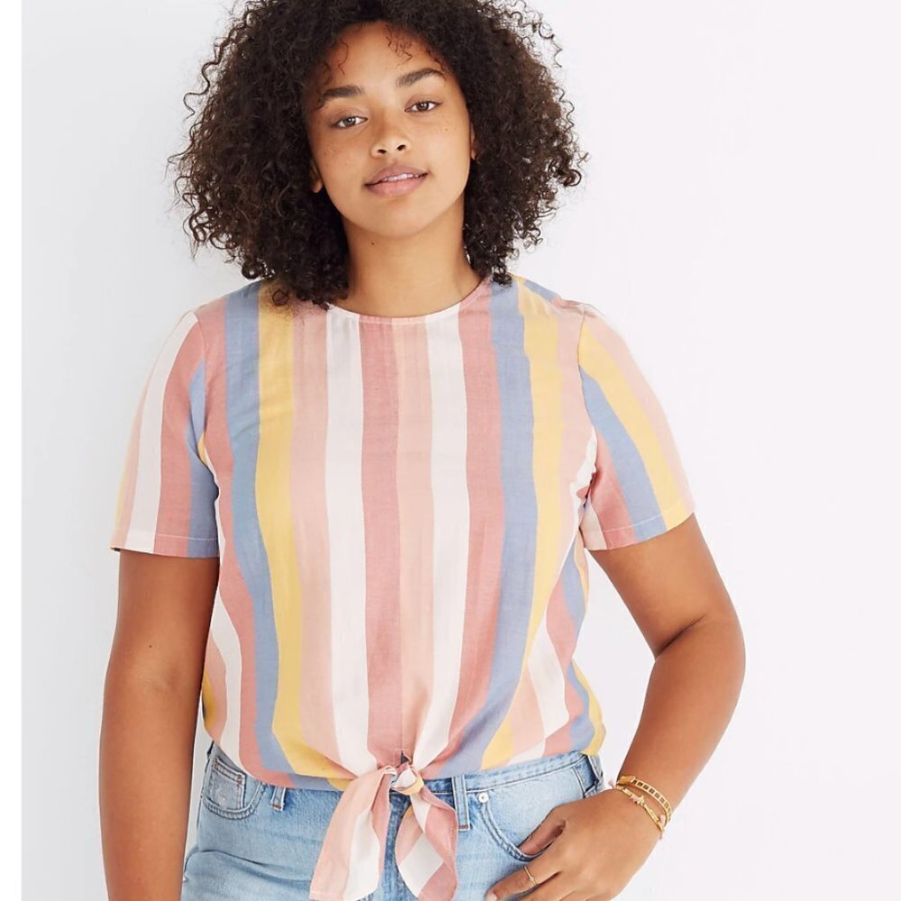 Madewell Button-Back Tie Tee in Sherbet Stripe Drapey Fit Relaxed Fit Sz S